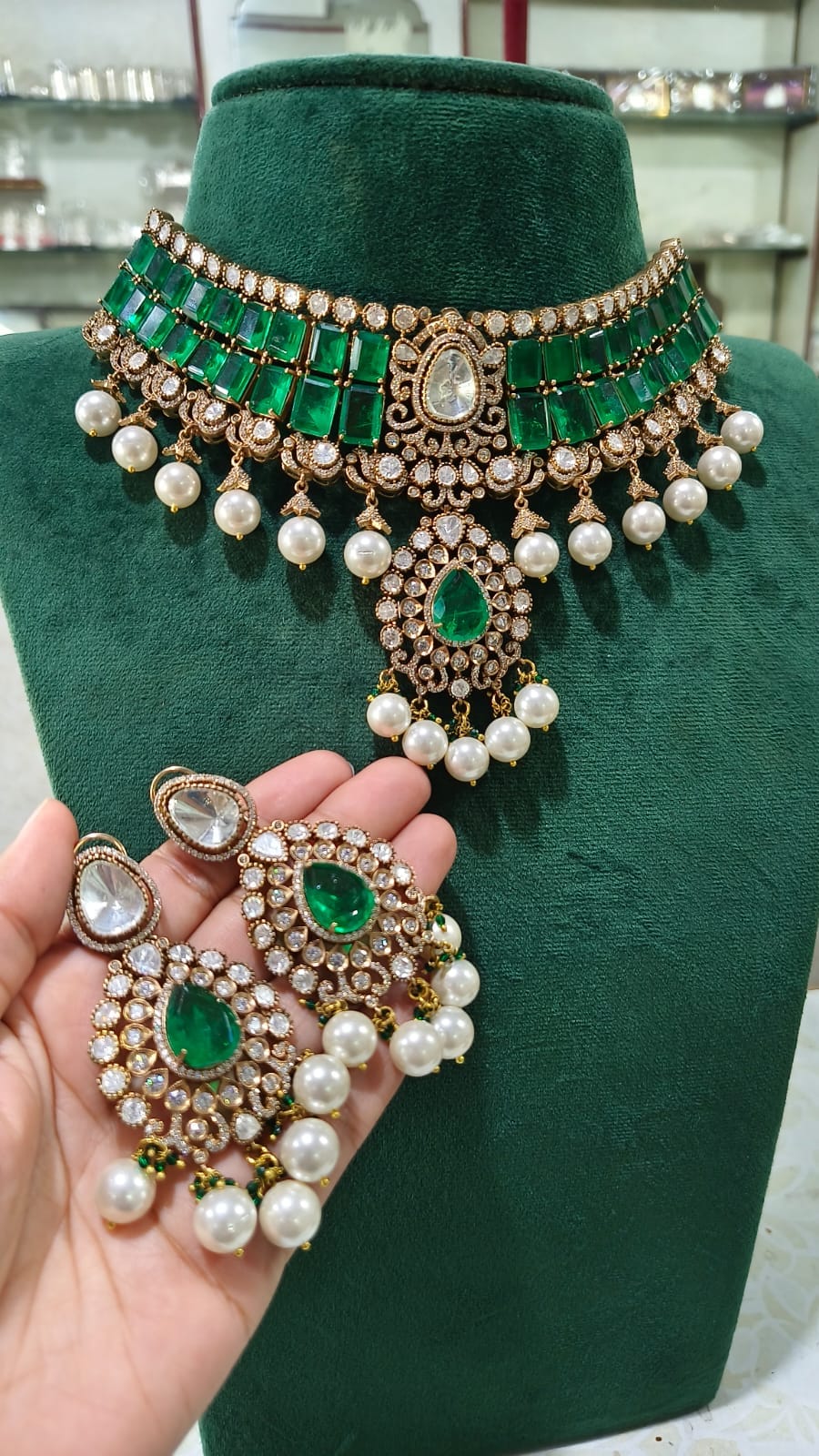 Zevar Bridal Jewelry Set Dark Green Polki Uncut Kundan Heavy Choker Necklace Set - Bridal Collection