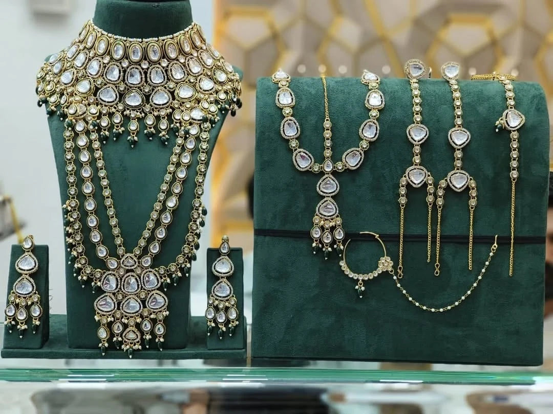 Zevar Bridal Jewelry Set Green Heavy Real Kundan Indian Bridal Jewelry Set | Zevar Wedding Jewelry