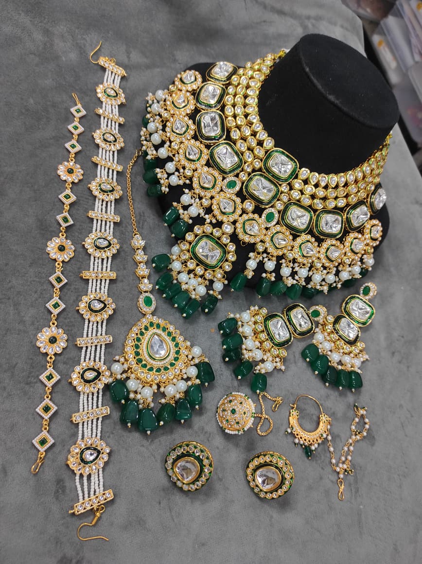 Zevar Bridal Jewelry Set Green Kundan Bridal Necklace | Heavy Gold Plated Wedding Jewelry