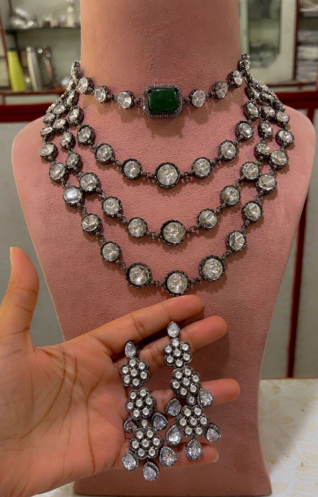 Zevar Bridal Jewelry Set Isha Ambani Inspired Emerald Diamond Layered Necklace Set – Luxury Bridal Statement Jewellery | Zevar