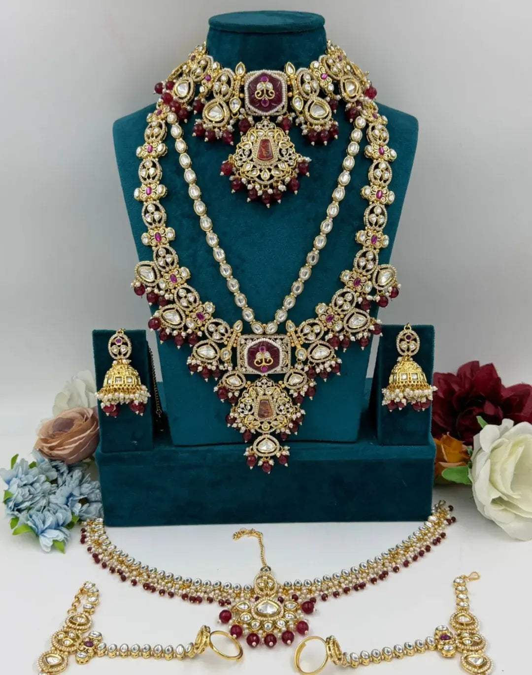 Zevar Bridal Jewelry Set Maroon Gold Plated Traditional Bridal Jewelry Set | Wedding Collection