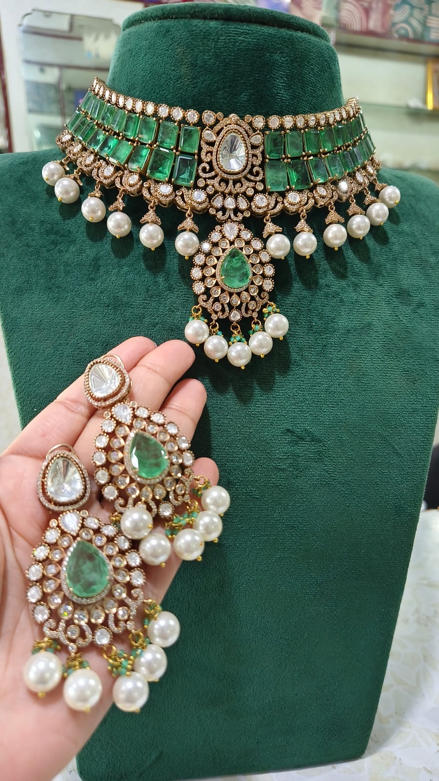 Zevar Bridal Jewelry Set Mint Green Polki Uncut Kundan Heavy Choker Necklace Set - Bridal Collection