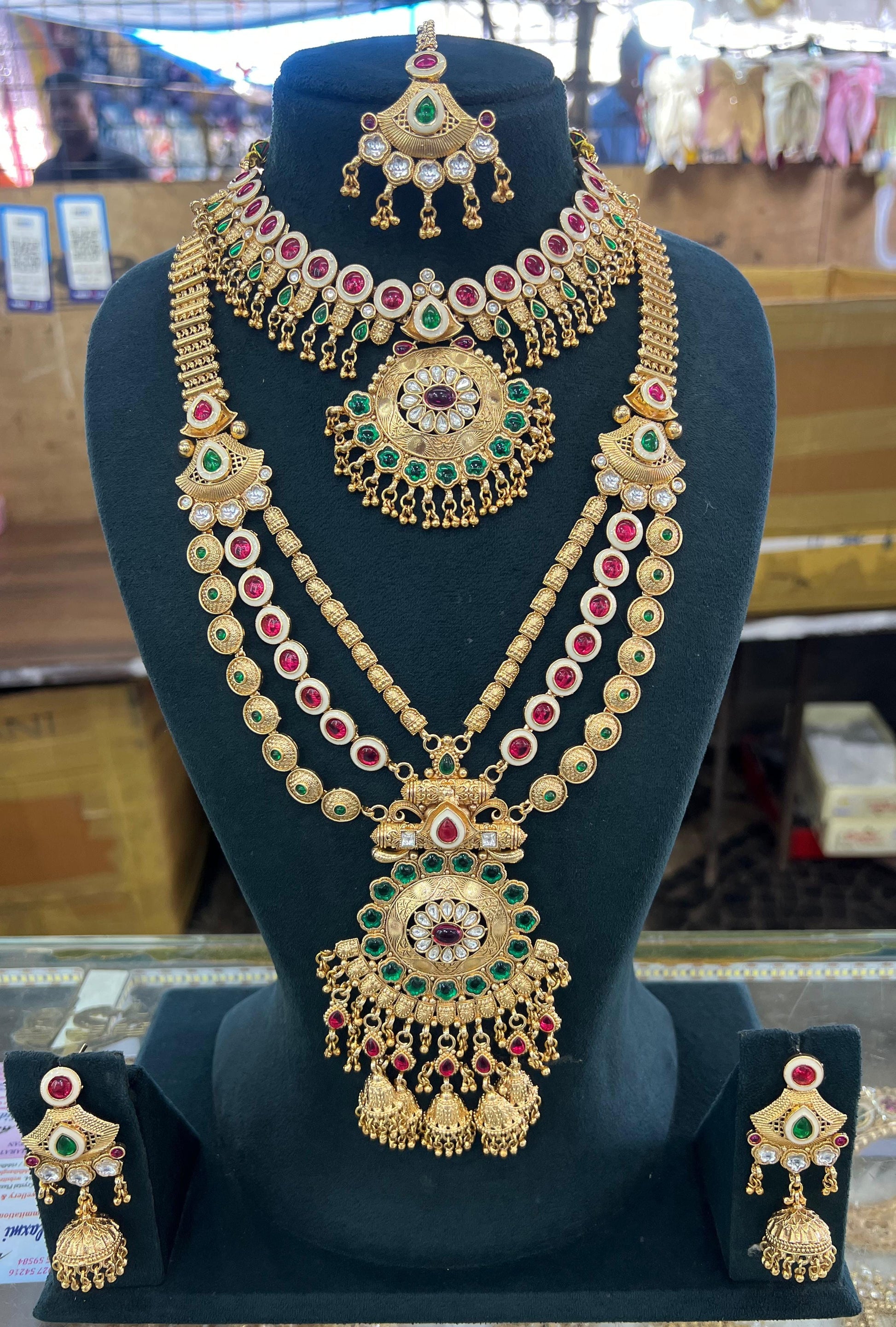 copper necklace with stoen Gold Plated Bridal Jewellery – Indian Wedding Jewelry Set Multicolor