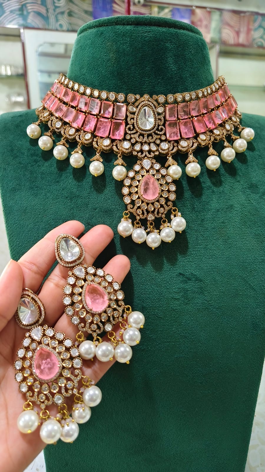Zevar Bridal Jewelry Set Pink Polki Uncut Kundan Heavy Choker Necklace Set - Bridal Collection