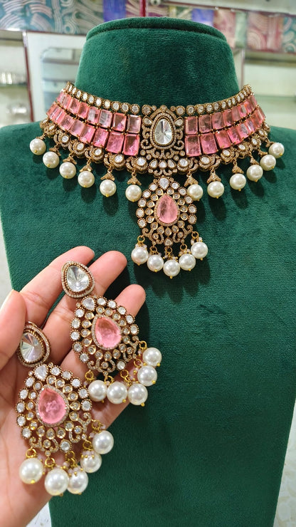 Zevar Bridal Jewelry Set Pink Polki Uncut Kundan Heavy Choker Necklace Set - Bridal Collection
