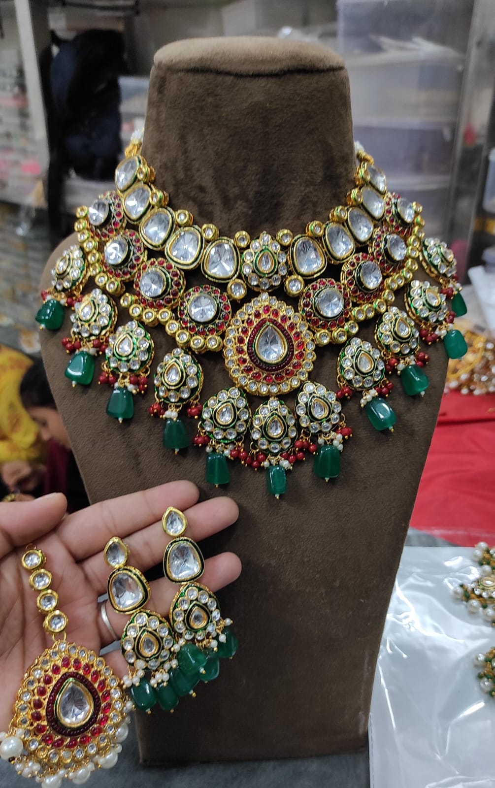 Zevar Bridal Kundan Necklace Set with Green Beads, Red Stones & Earrings