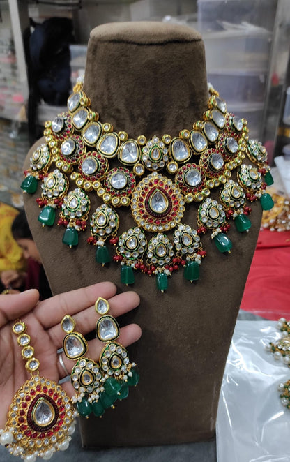 Zevar Bridal Kundan Necklace Set with Green Beads, Red Stones & Earrings