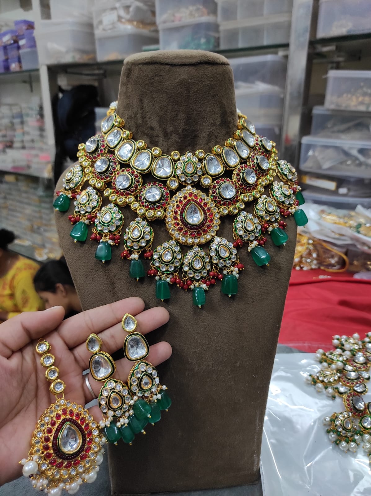 Zevar Bridal Kundan Necklace Set with Green Beads, Red Stones & Earrings