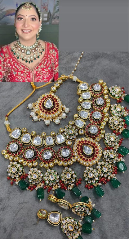 Zevar Bridal Kundan Necklace Set with Green Beads, Red Stones & Earrings