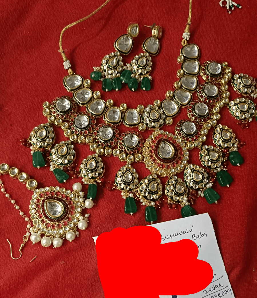 Zevar Bridal Kundan Necklace Set with Green Beads, Red Stones & Earrings