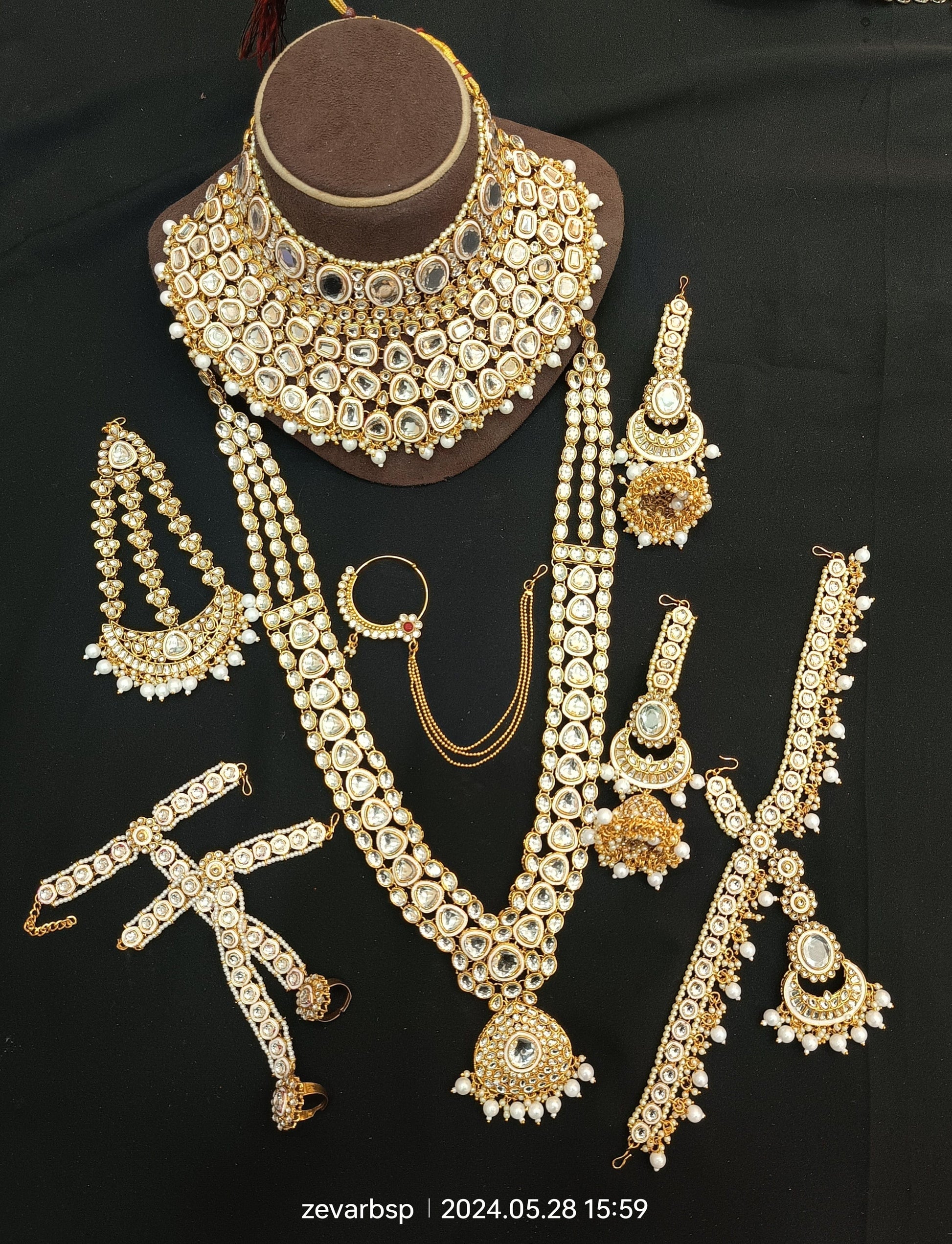 Heavy Kundan Golden and White Colour Full Bridal Set – Zevar