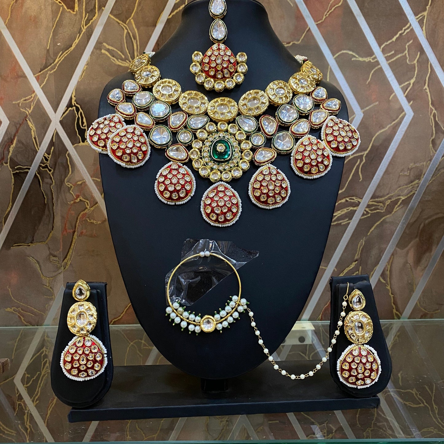 Zevar Bridal necklace Maroon Colour Meenakari and Kundan Stone Heavy Necklace Set