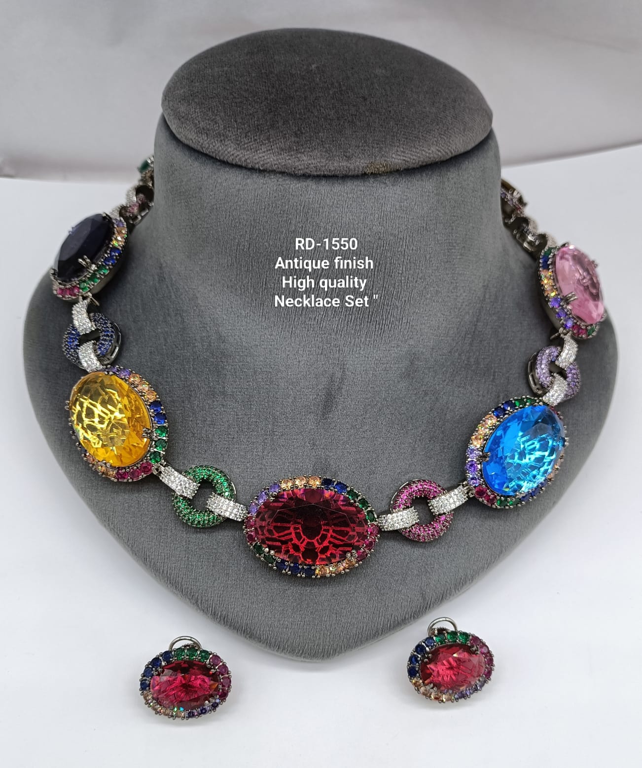 Zevar choker necklace Antique Finish Rainbow Gemstone Necklace Set – High-Quality Multi-Stone Statement necklace