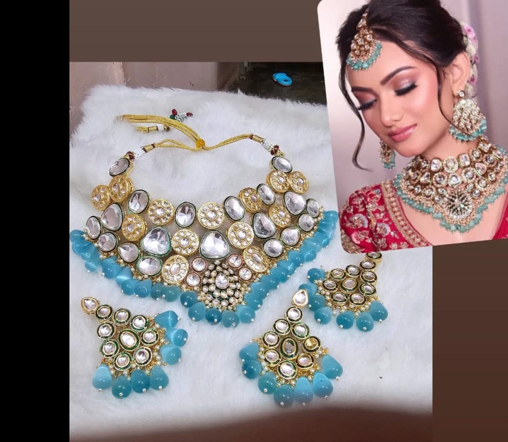 Zevar Choker Necklace Blue Kundan Heavy Choker Necklace Set