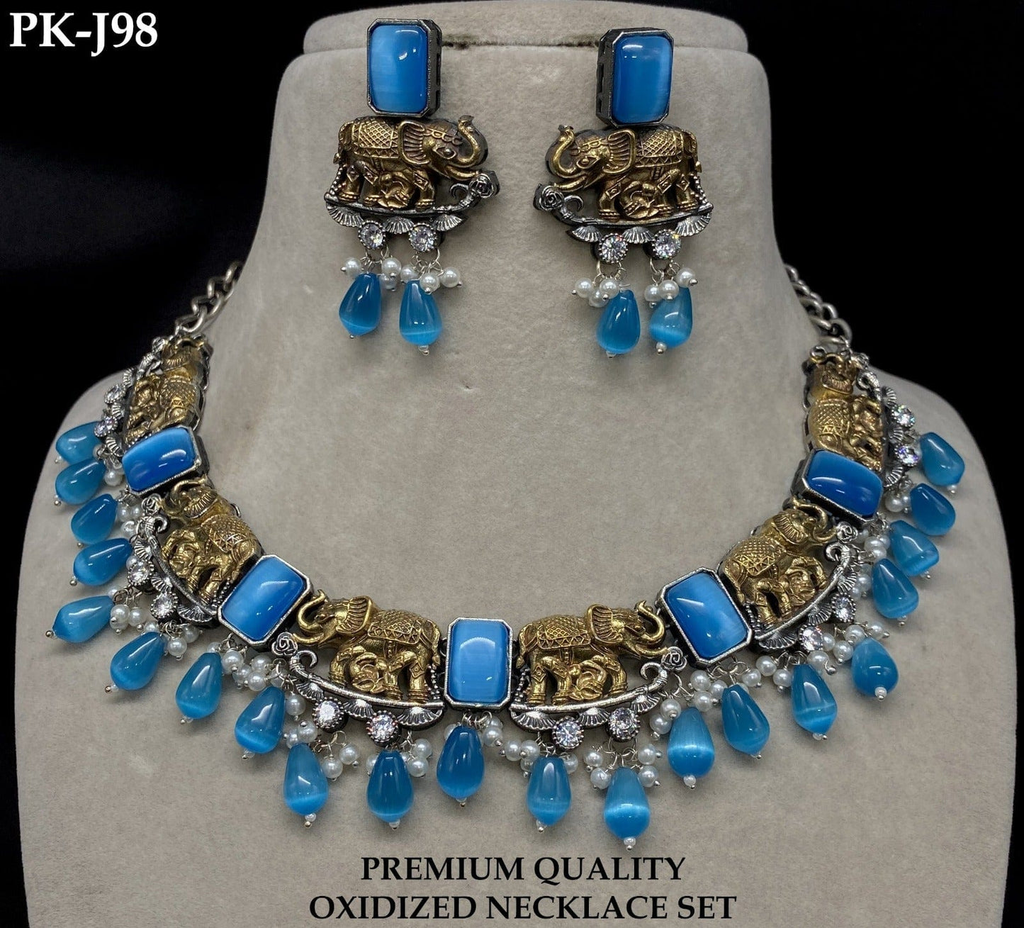 Zevar Choker Necklace Blue Navratri Special Oxidized Polki Jewelry Set