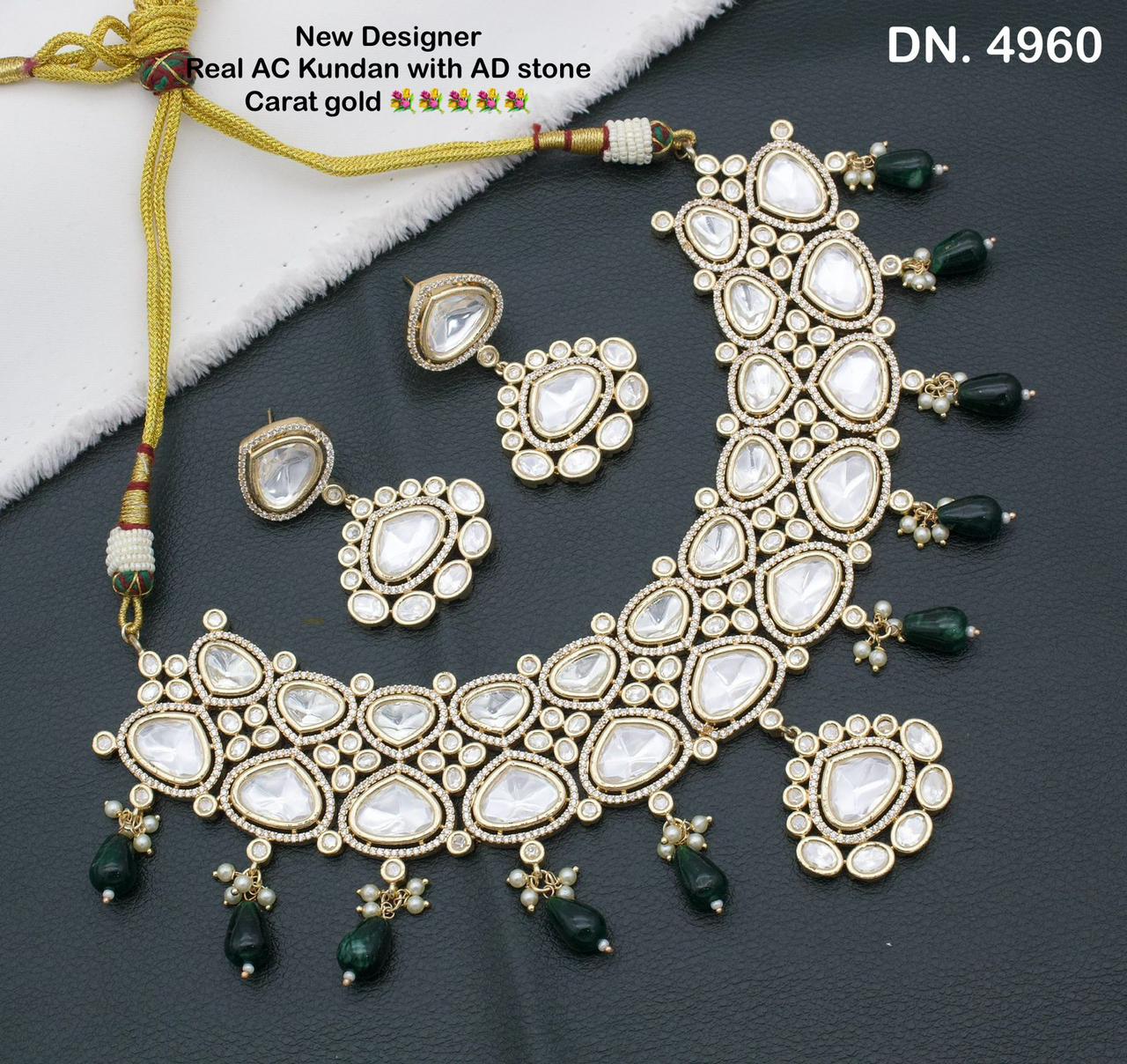 Zevar Choker Necklace Dark Green New Designer AC Kundan and AD Stones Necklace Set with Gold Plating