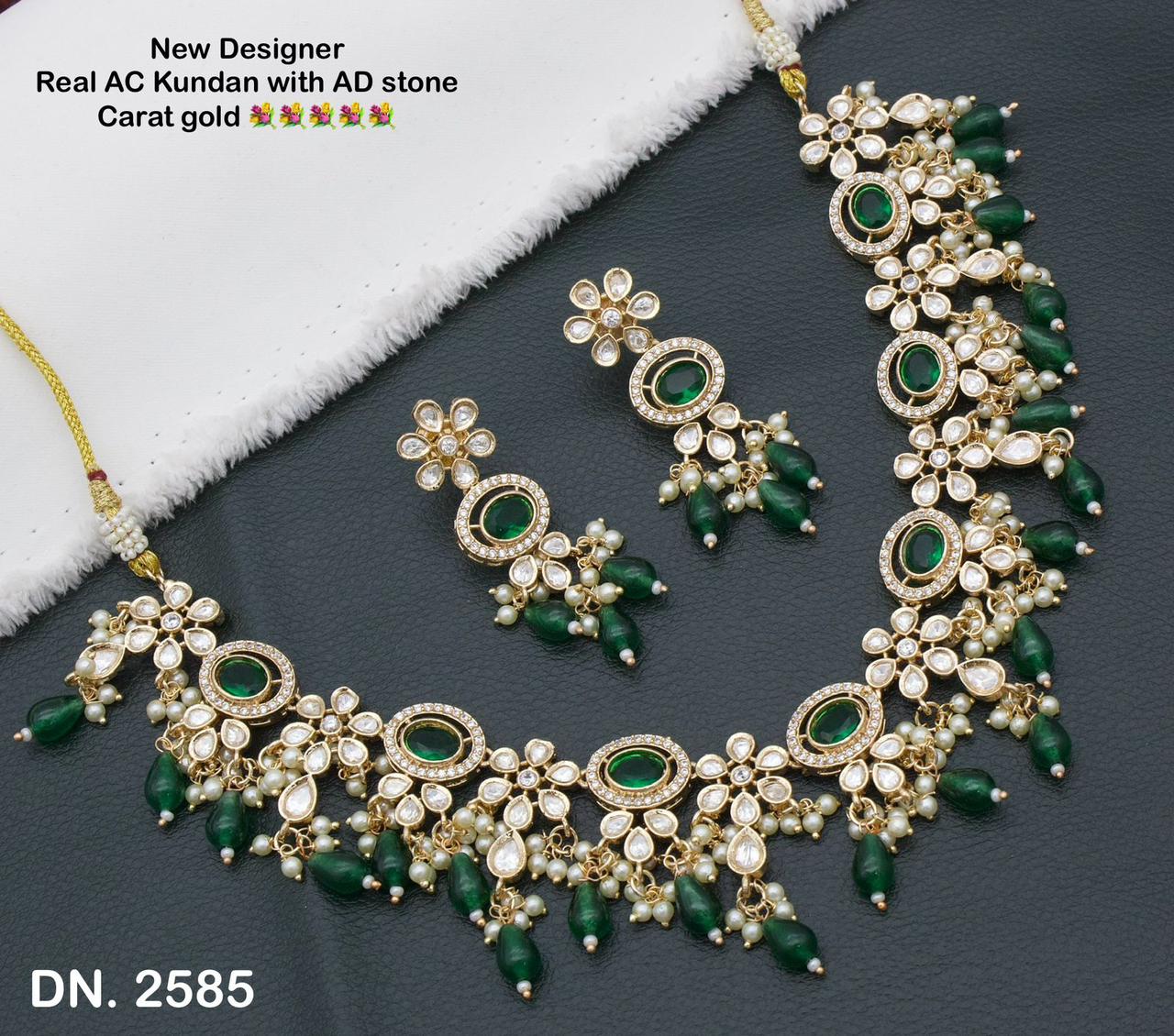 Zevar Choker Necklace Dark Green New Designer Real AC Kundan with AD Stone Carat Gold Necklace and Earring Set