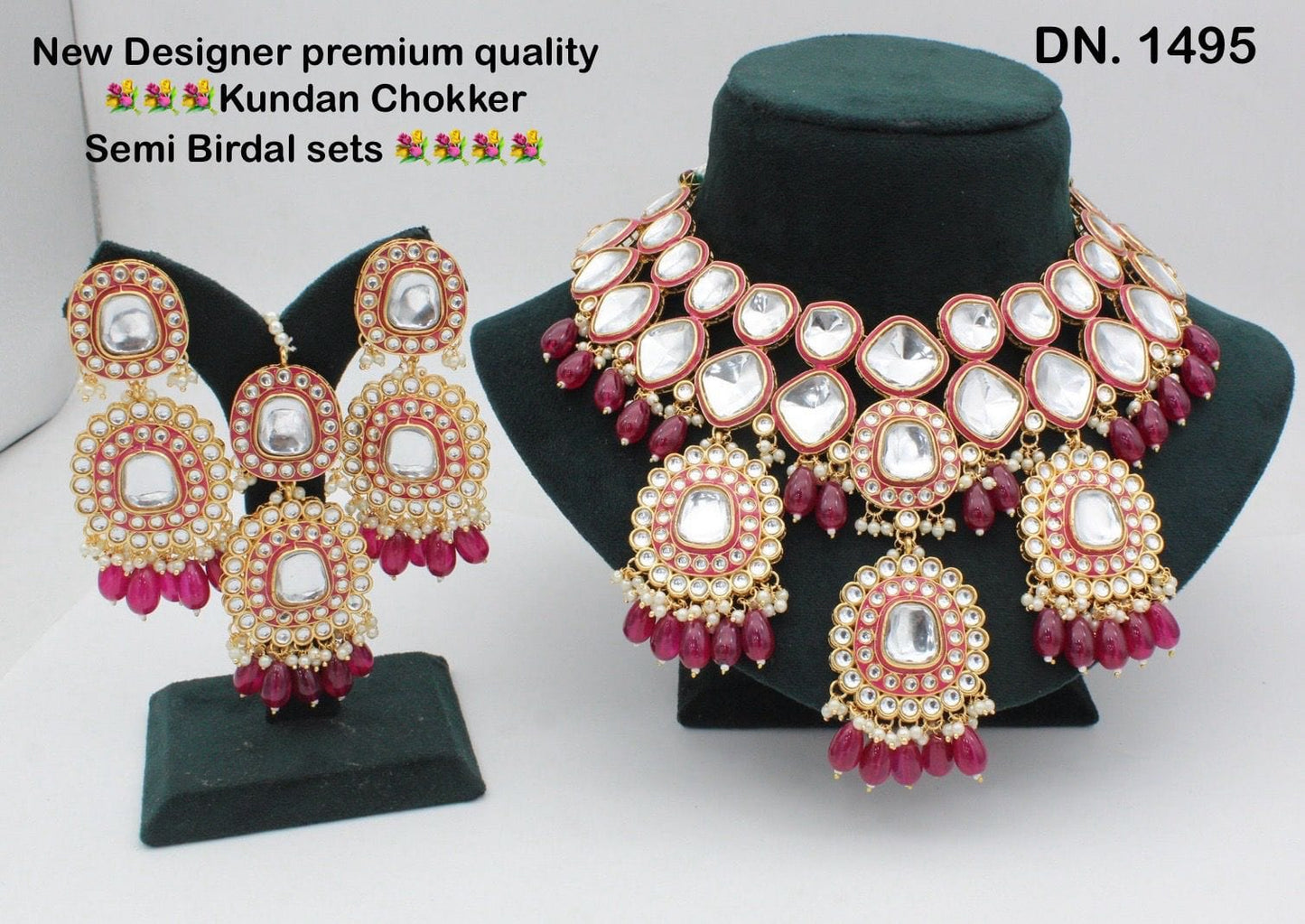 Zevar Choker Necklace Dark Pink Kundan Choker Necklace Set with Drops – Timeless Elegance and Grace