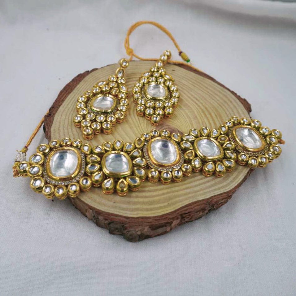 Zevar choker necklace Golden Kundan Necklace with American Diamond Stones - Luxury Jewelry