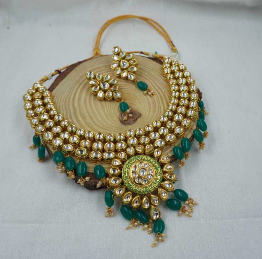 Zevar choker necklace Green Kundan Necklace Set - Festive Jewelry