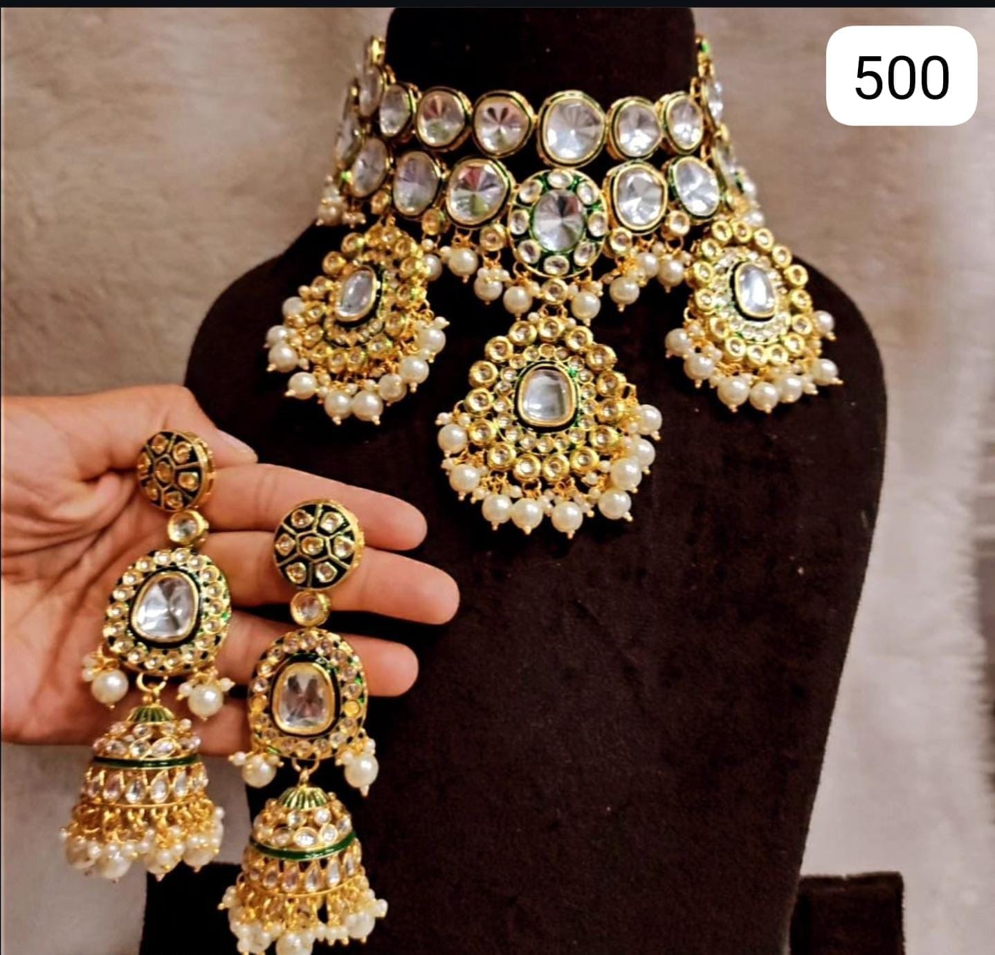 Zevar Choker Necklace Kundan Choker Necklace Set with Earrings – Gold Tone & Pearls