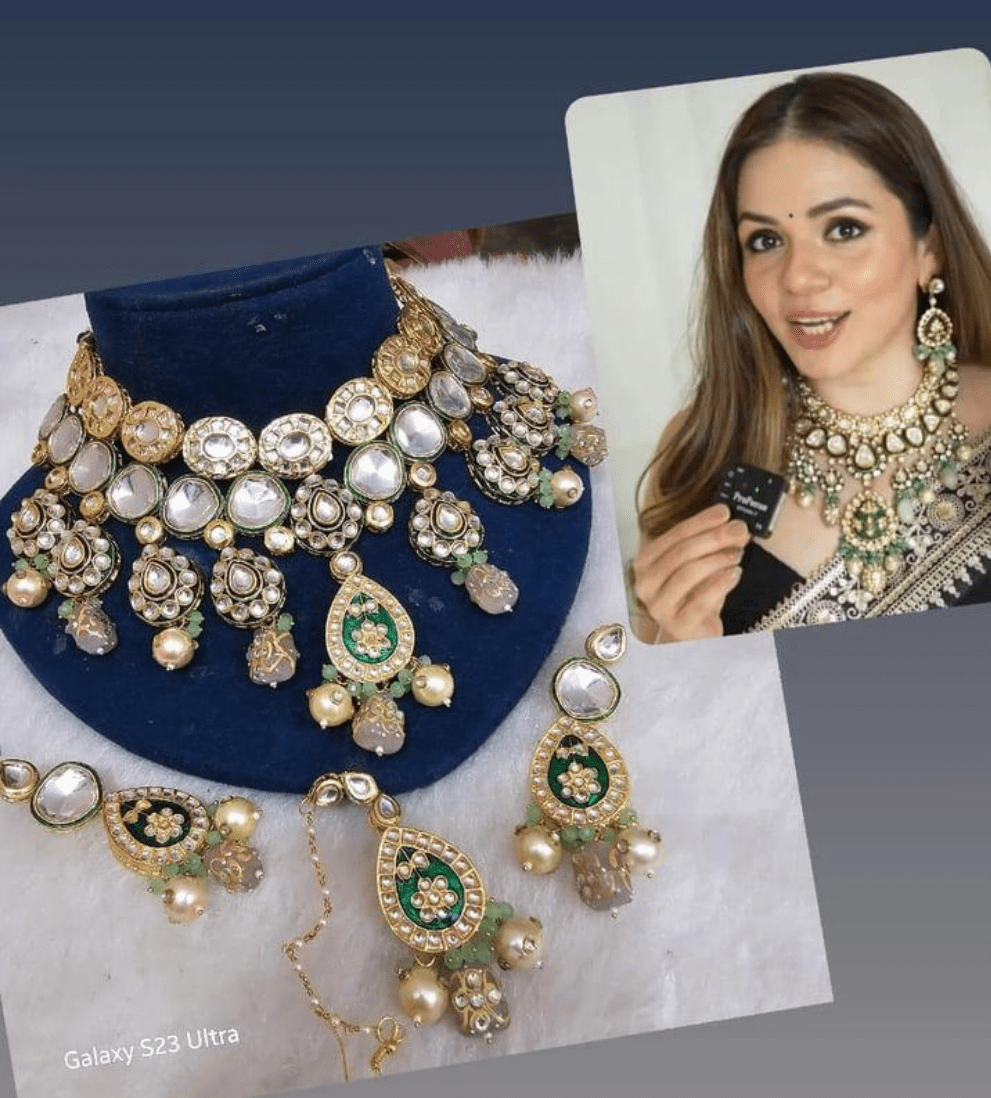 Zevar Choker Necklace Light Green Kundan Choker Necklace Set - Springtime Elegance