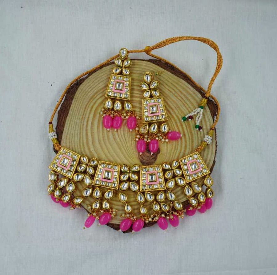 Zevar choker necklace Light Pink Kundan Meenakari Choker Necklace Set - Traditional Jewelry