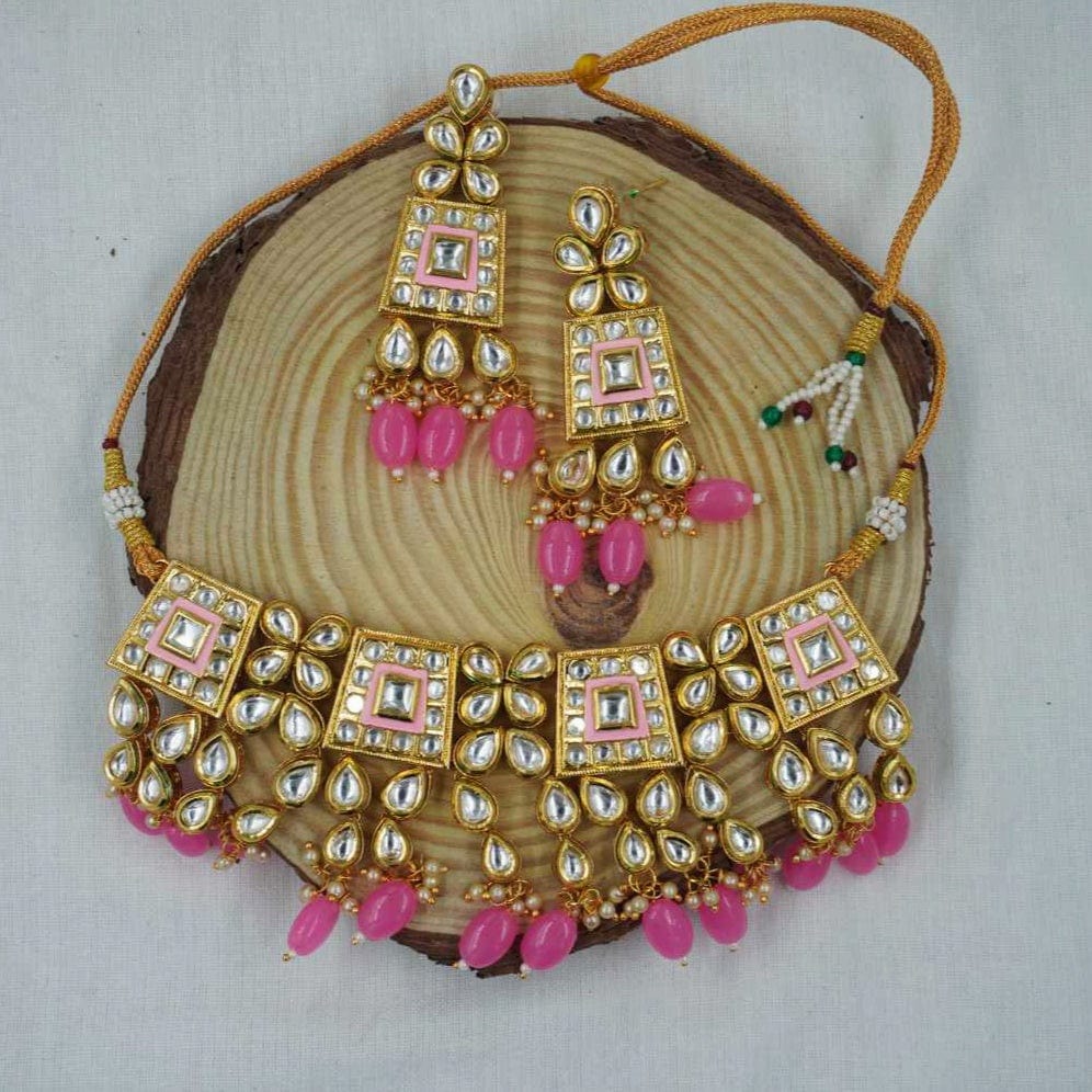 Zevar choker necklace Light Pink Kundan Meenakari Choker Necklace Set - Traditional Jewelry