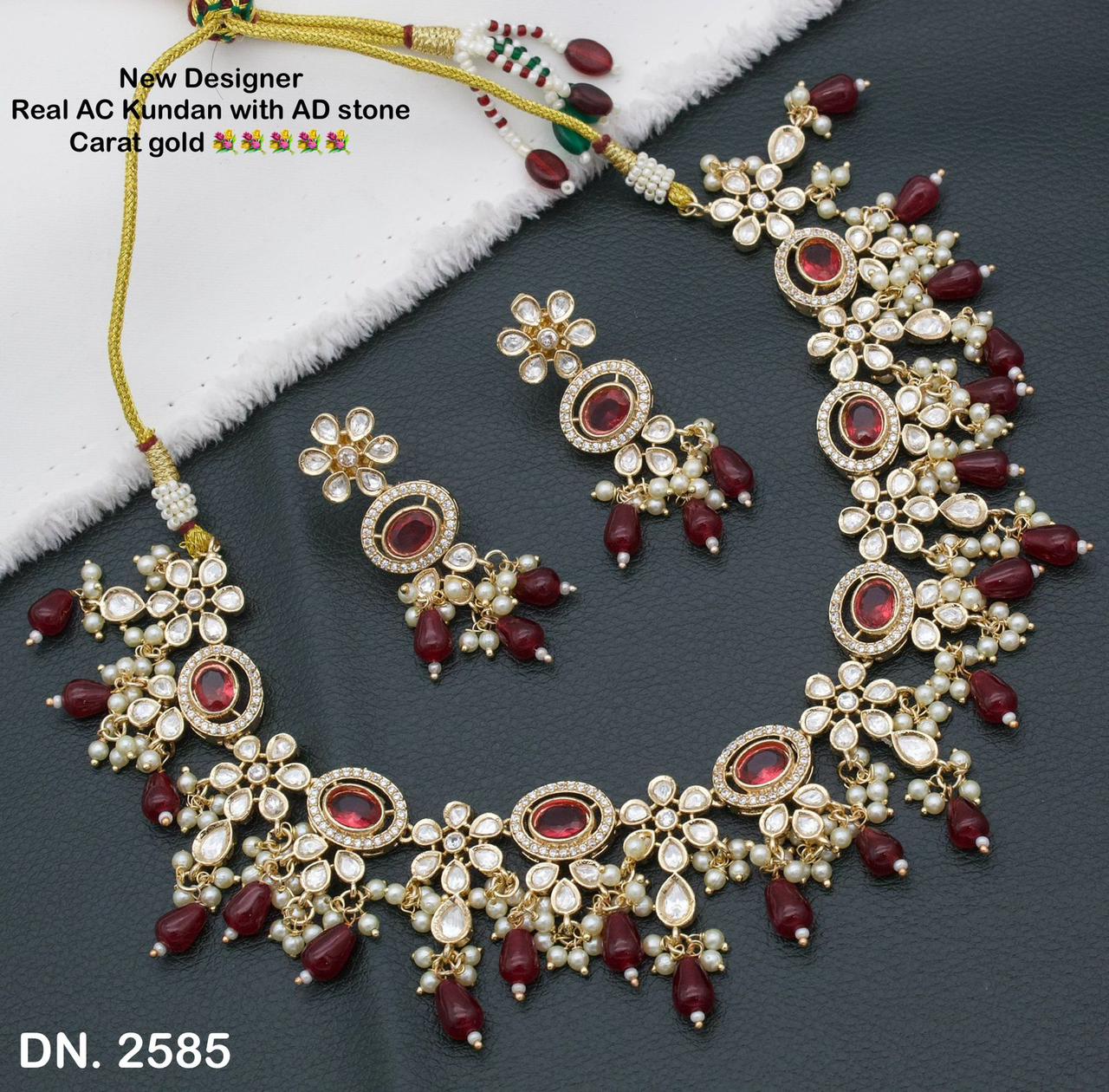 Zevar Choker Necklace Maroon New Designer Real AC Kundan with AD Stone Carat Gold Necklace and Earring Set