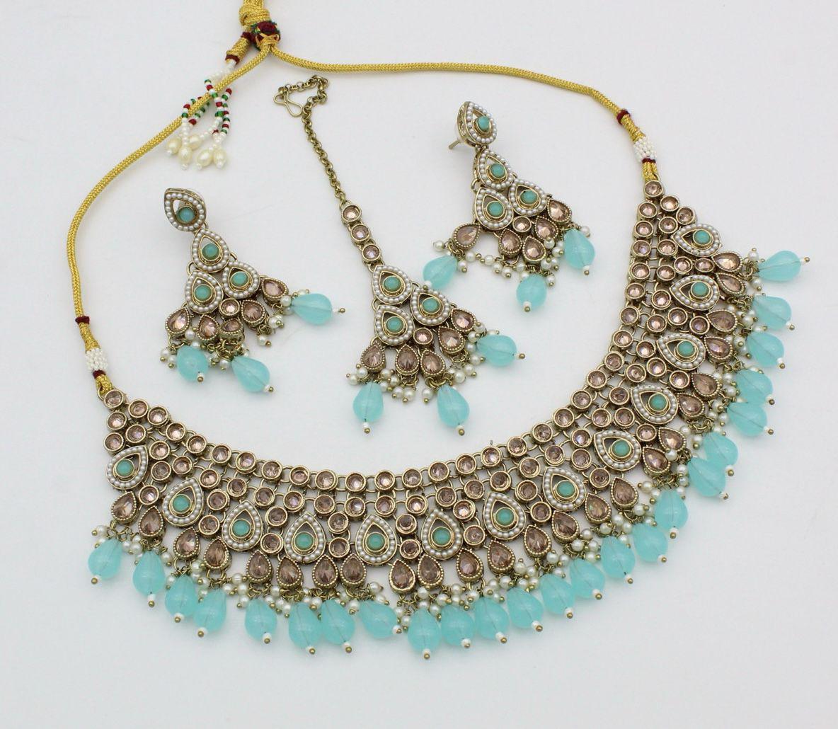 Zevar Choker Necklace Mint Green Enchanting Reverse AD Kundan Choker Necklace Set