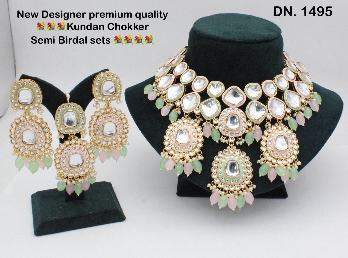 Zevar Choker Necklace Mint Green Kundan Choker Necklace Set with Drops – Timeless Elegance and Grace