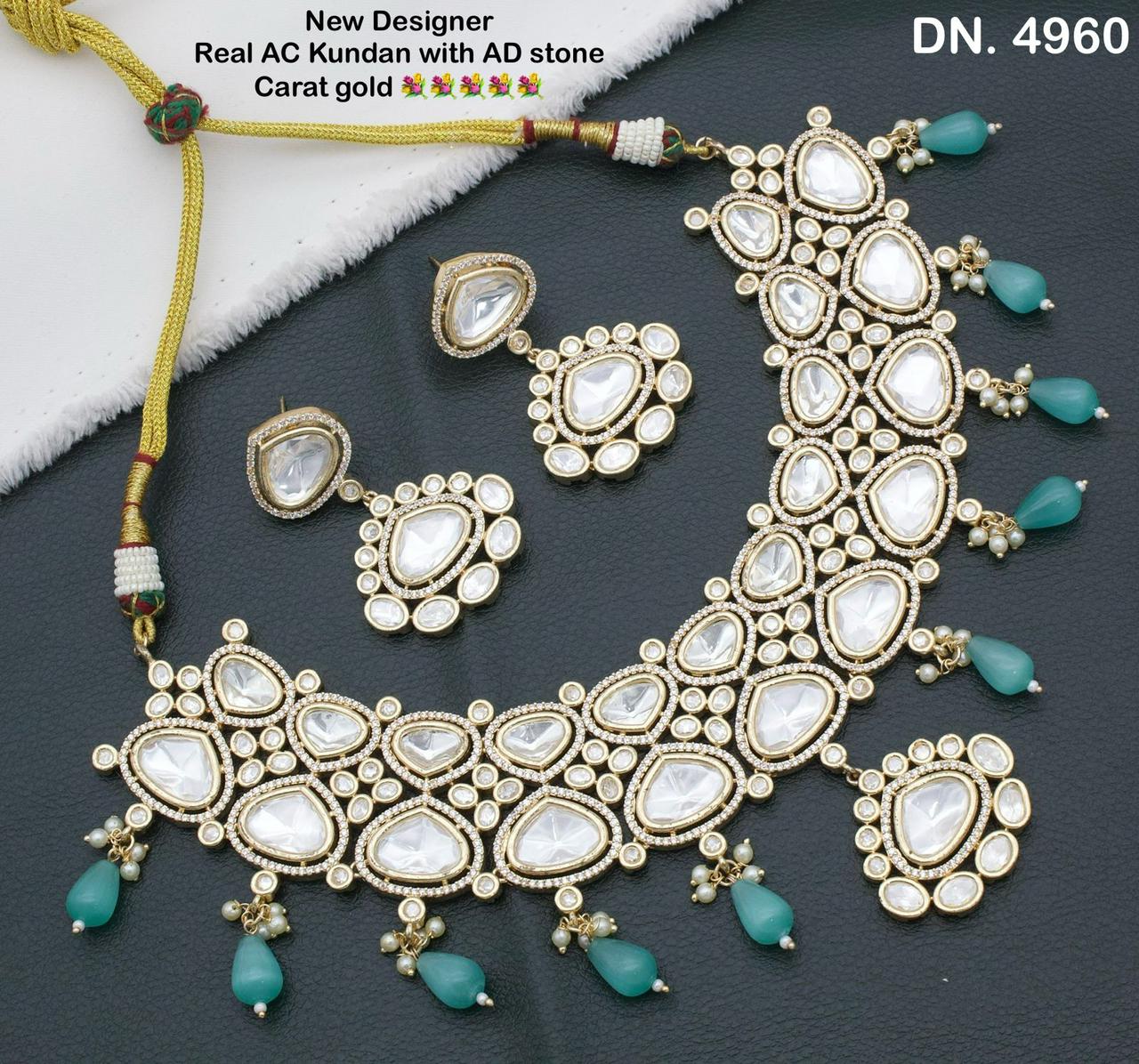 Zevar Choker Necklace Mint Green New Designer AC Kundan and AD Stones Necklace Set with Gold Plating