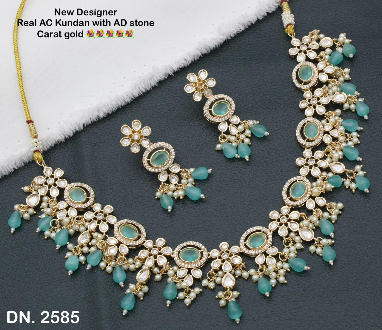 Zevar Choker Necklace Mint Green New Designer Real AC Kundan with AD Stone Carat Gold Necklace and Earring Set