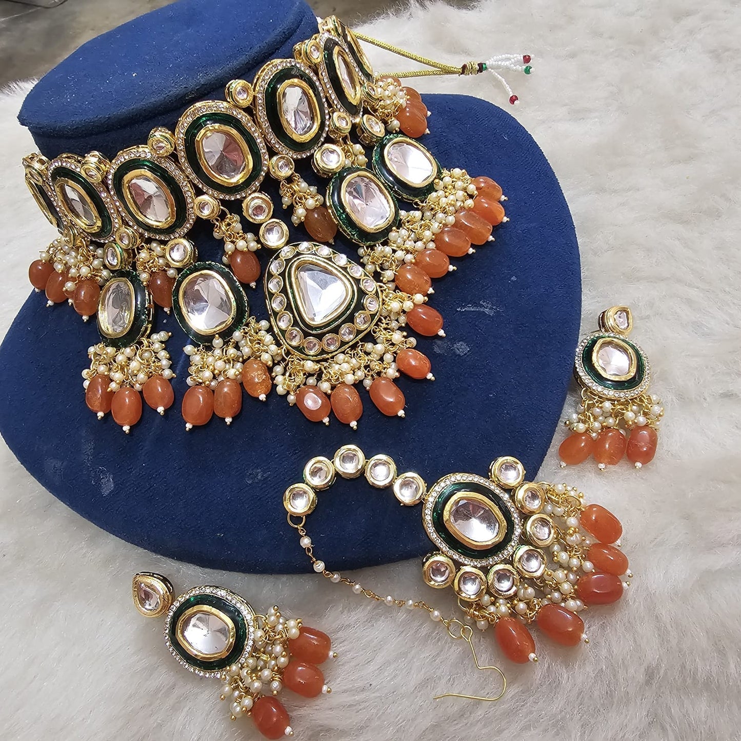 Zevar Choker Necklace Orange Moti Kundan Necklace Set – Vibrant Elegance and Timeless Beauty