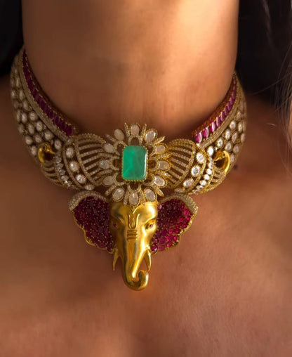 Elephant Polki Kundan Choker Necklace in Green Ruby worn by model - Zevar bridal jewellery