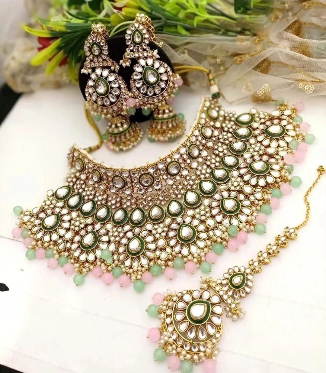 Zevar choker necklace Pink & Green Luxe Kundan Elegance Choker Set by Zevar Jewellery