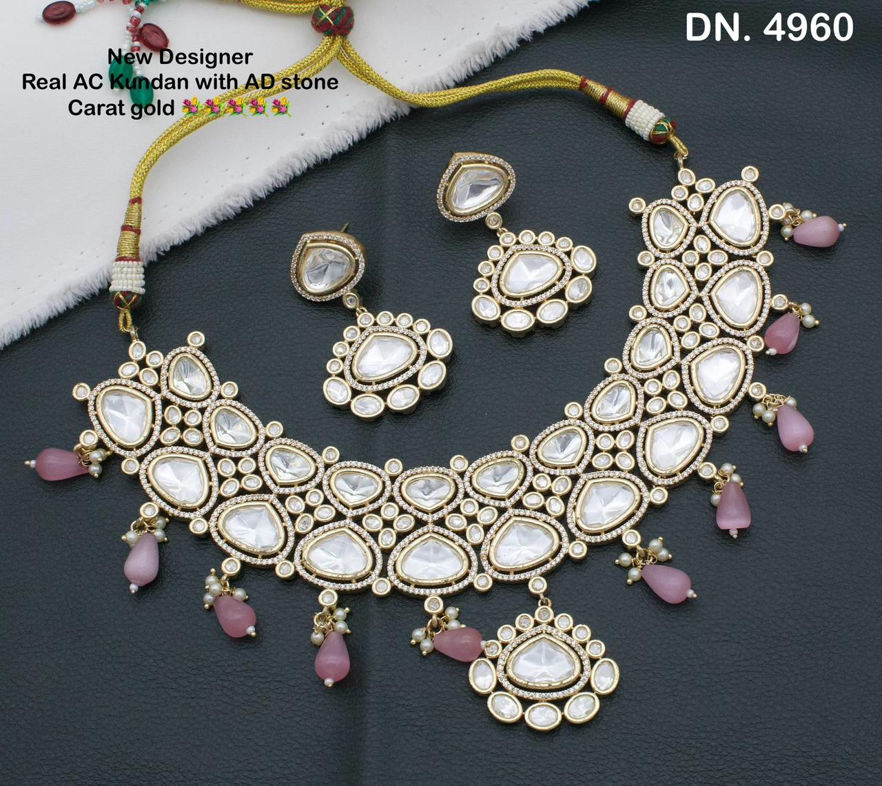 Zevar Choker Necklace Pink New Designer AC Kundan and AD Stones Necklace Set with Gold Plating