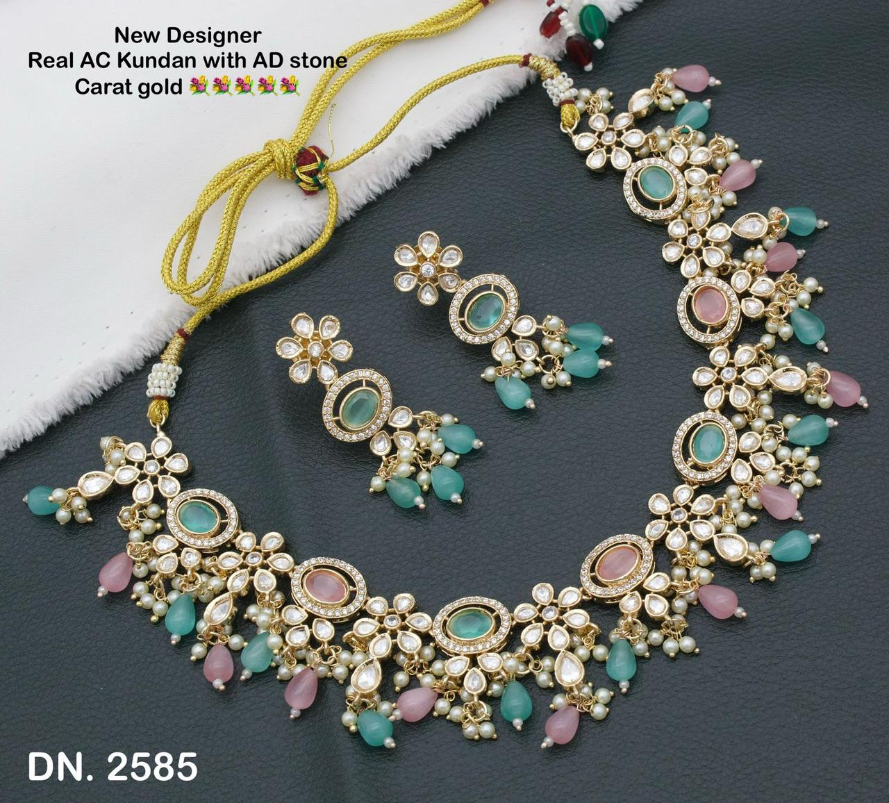 Zevar Choker Necklace Pink New Designer Real AC Kundan with AD Stone Carat Gold Necklace and Earring Set