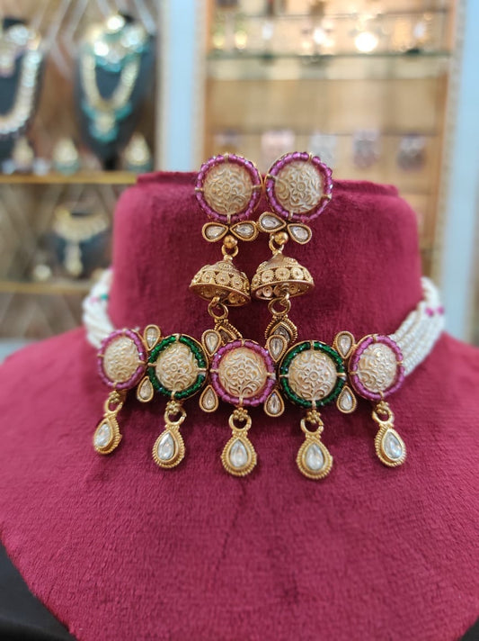 Zevar Choker Necklace Pink Rajwadi Choker Necklace Set – Traditional Bridal with Intricate Design