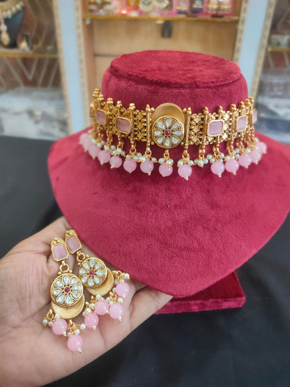 Zevar Choker Necklace Pink Rajwadi Polished Choker Necklace Set – Royal Indian Jewelry