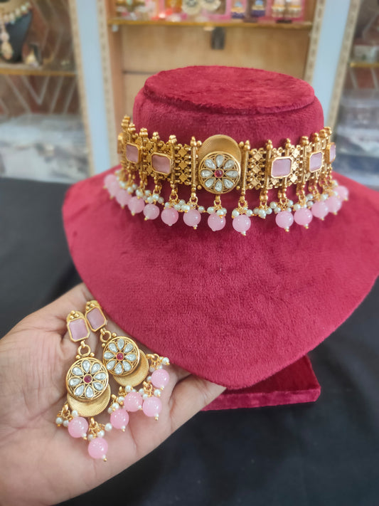 Zevar Choker Necklace Pink Rajwadi Polished Choker Necklace Set – Royal Indian Jewelry