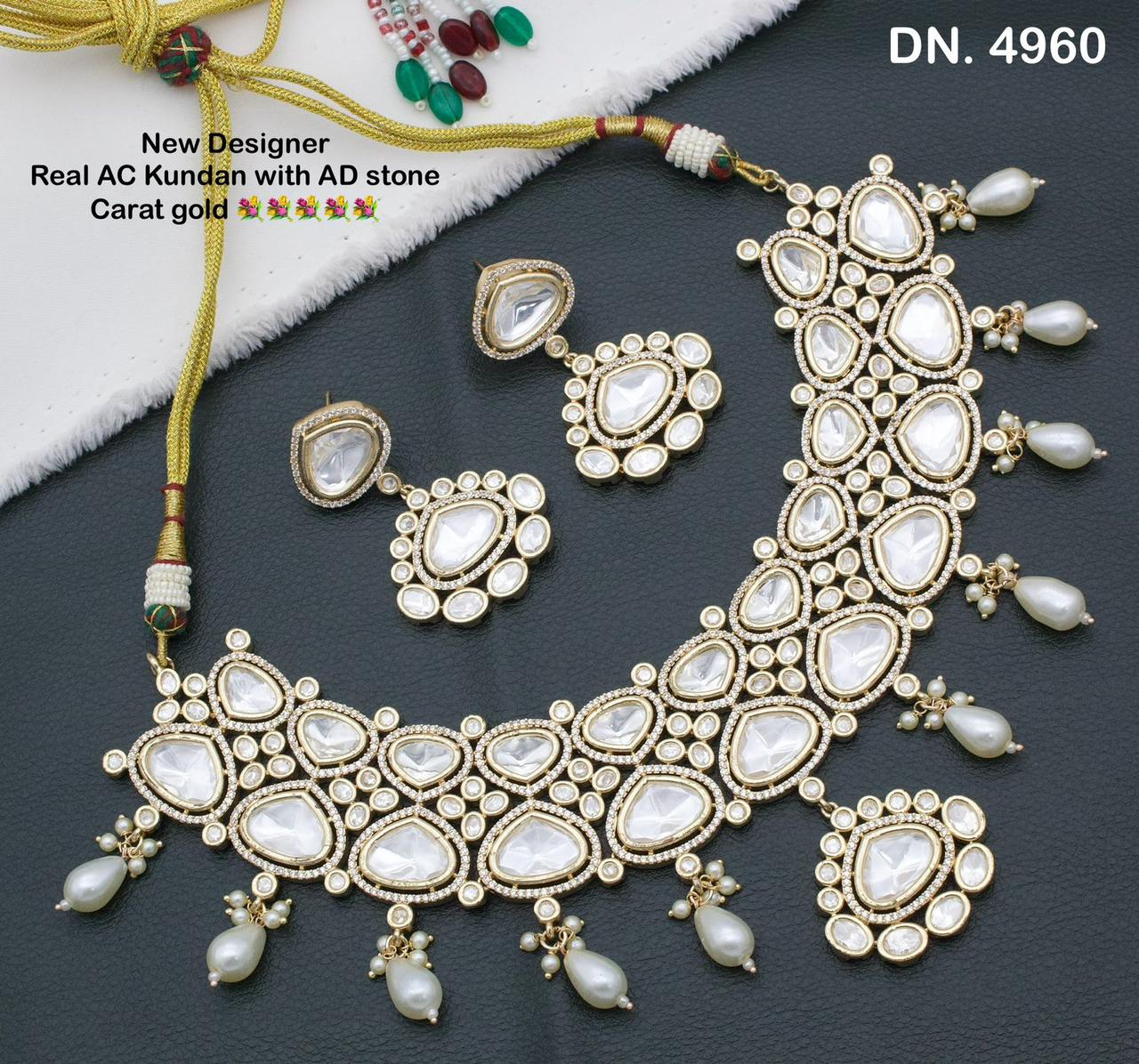 Zevar Choker Necklace White New Designer AC Kundan and AD Stones Necklace Set with Gold Plating