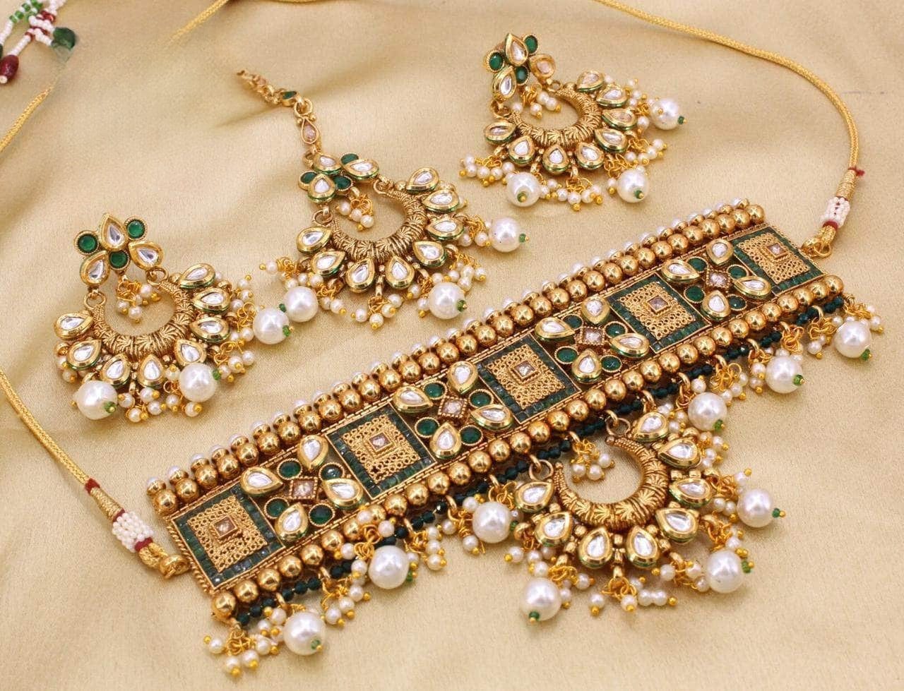 Zevar copper necklace Green ZEVAR I Kundan Studded Copper Based Choker Necklace Set