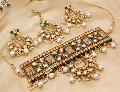 Zevar copper necklace Green ZEVAR I Kundan Studded Copper Based Choker Necklace Set