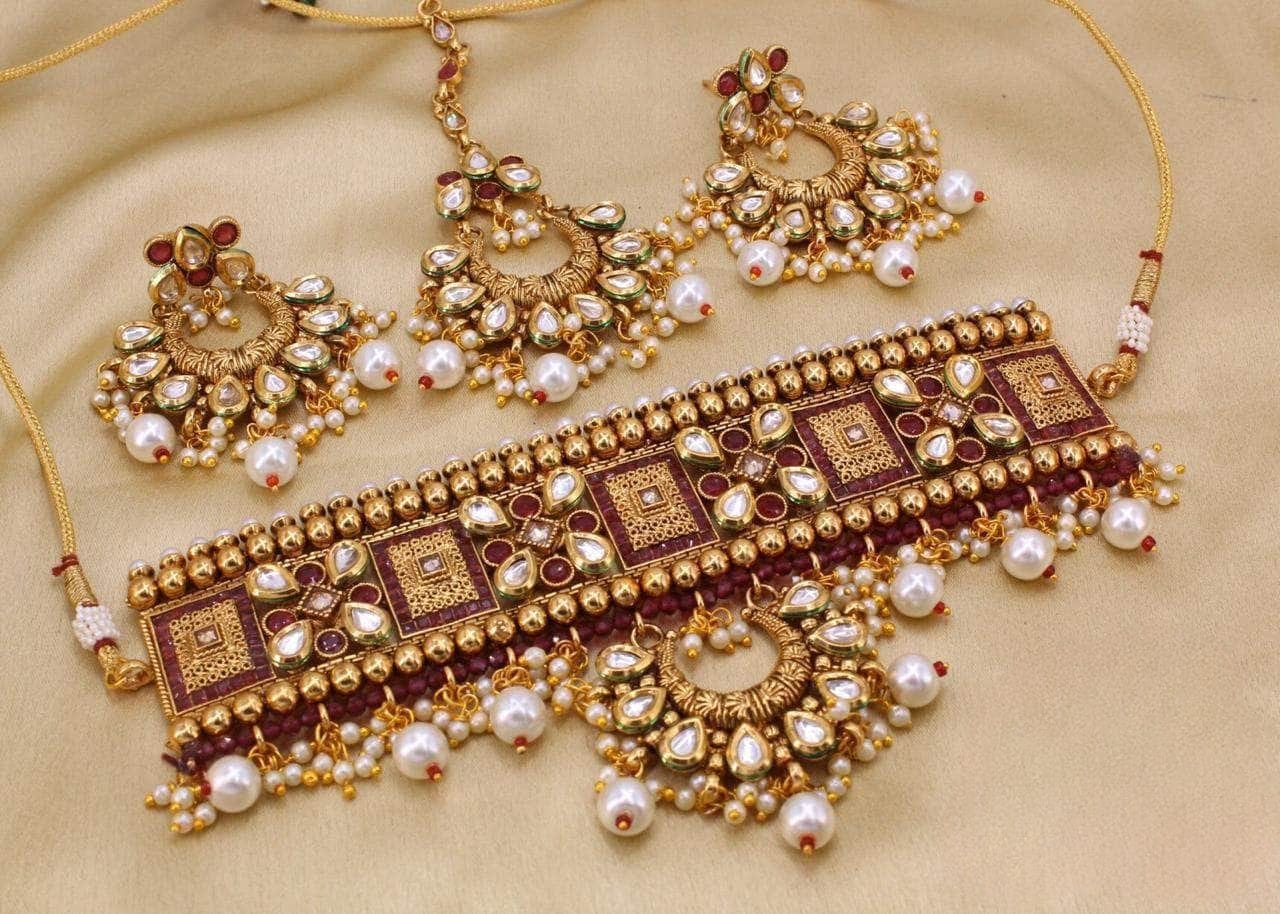 Zevar copper necklace Meroon ZEVAR I Kundan Studded Copper Based Choker Necklace Set