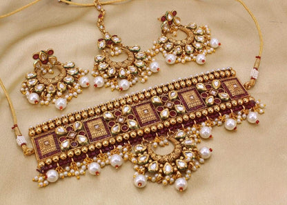 Zevar copper necklace Meroon ZEVAR I Kundan Studded Copper Based Choker Necklace Set