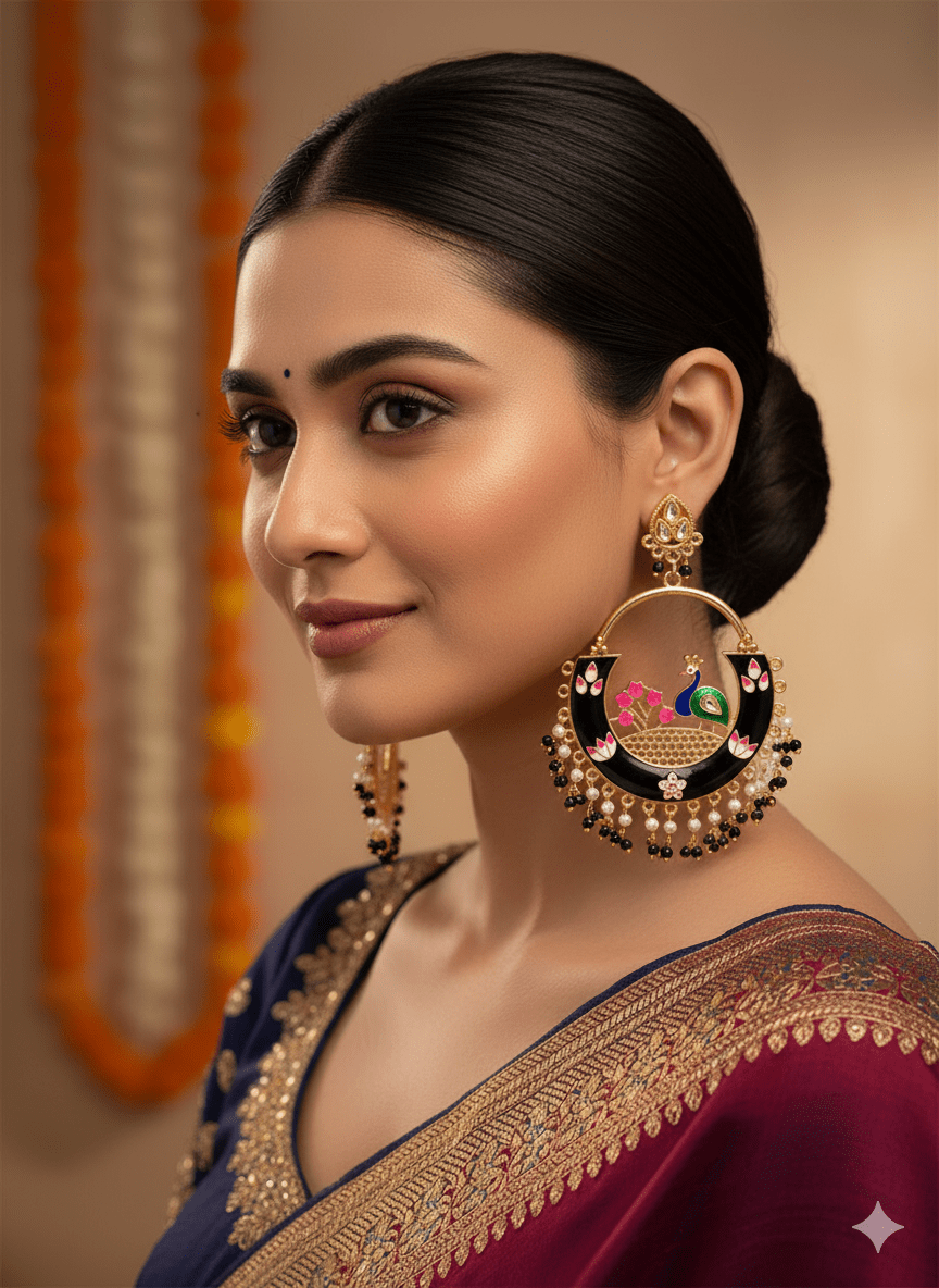 Zevar Earrings Black Peacock Meenakari Chandbali Earrings | Statement Earrings