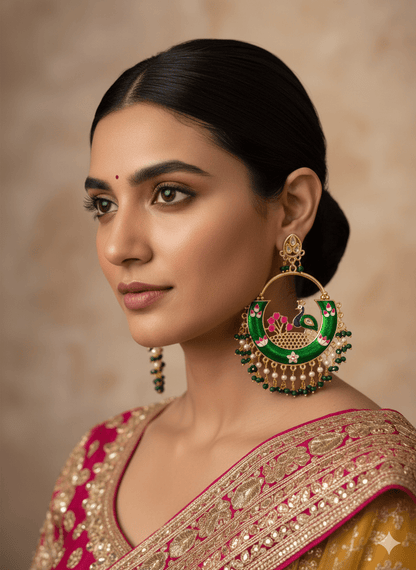 Zevar Earrings Green Peacock Meenakari Chandbali Jhumka Earrings