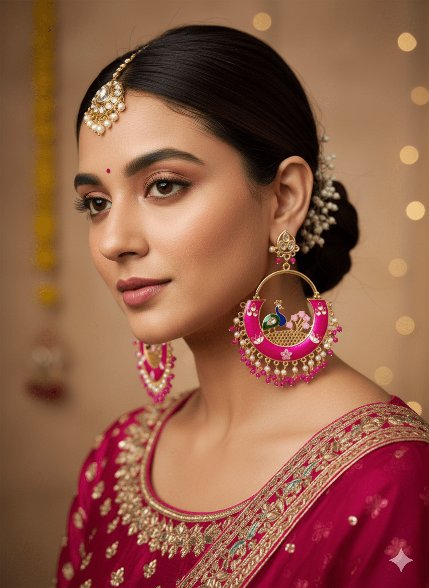 Zevar Earrings Pink Peacock Meenakari Chandbali Earrings for Women