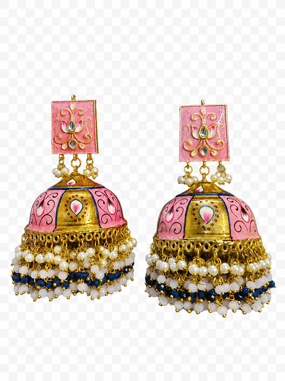 Zevar Earrings Royal Pink Meenakari Big Size Jhumka Earrings with Kundan, Pearl & Blue Beads